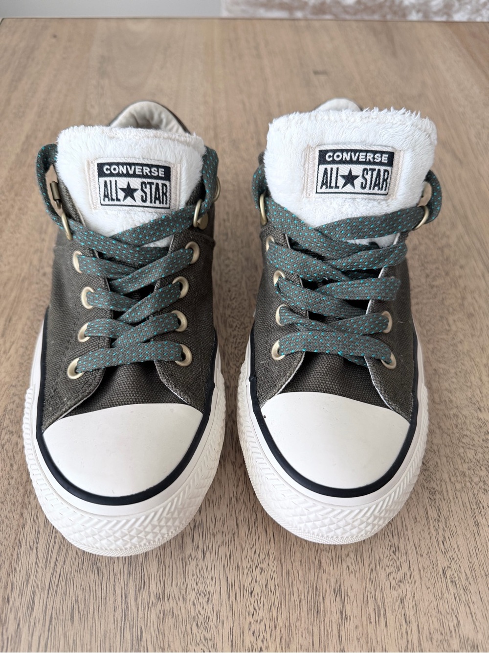 Converse Chuck Taylor Olive Green Sneakers with White Faux-Fur Collar Tongue